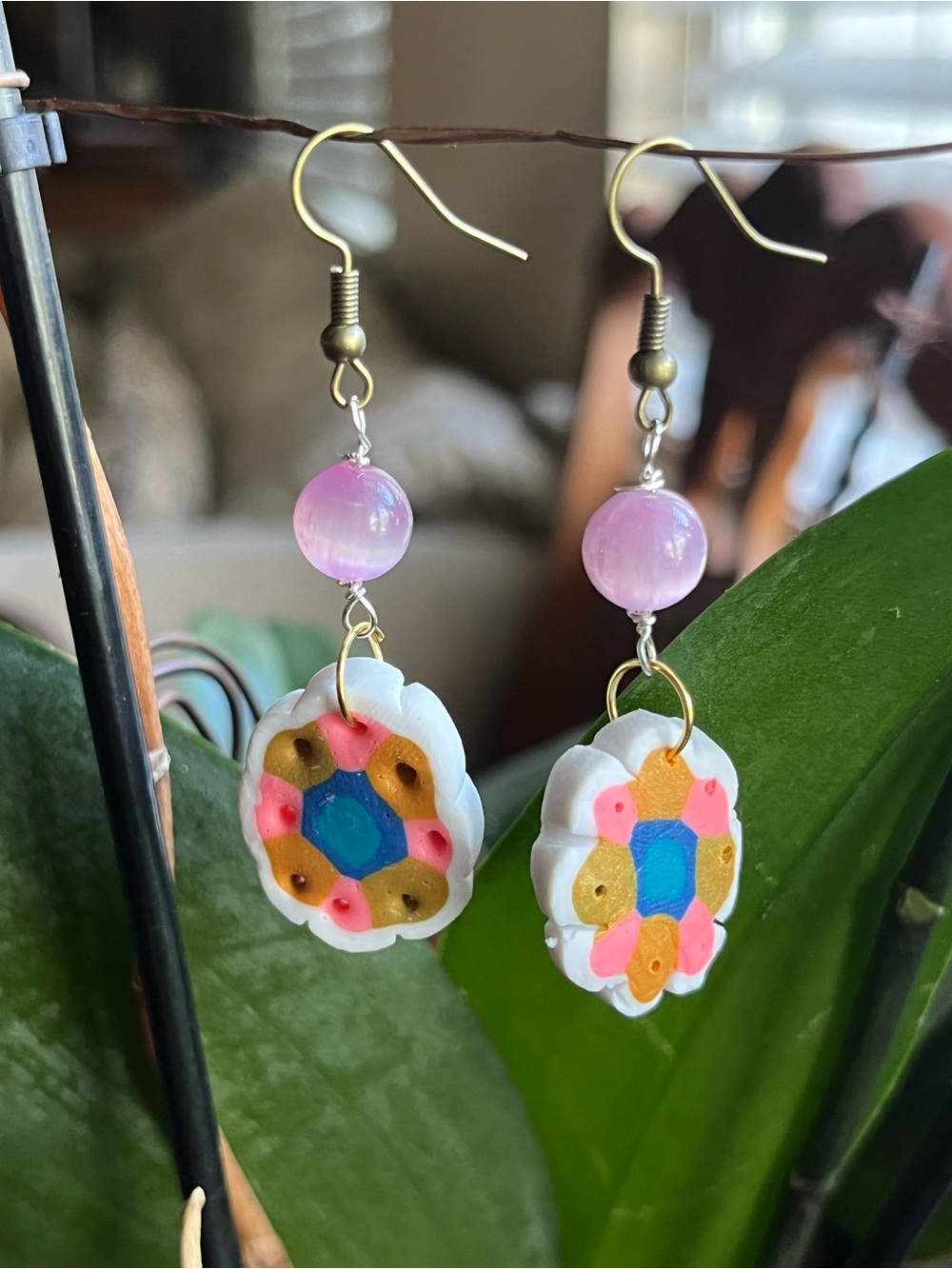 Handcrafted polymer clay Floral Drop Earrings in Pink Crystal , Blue & Gold